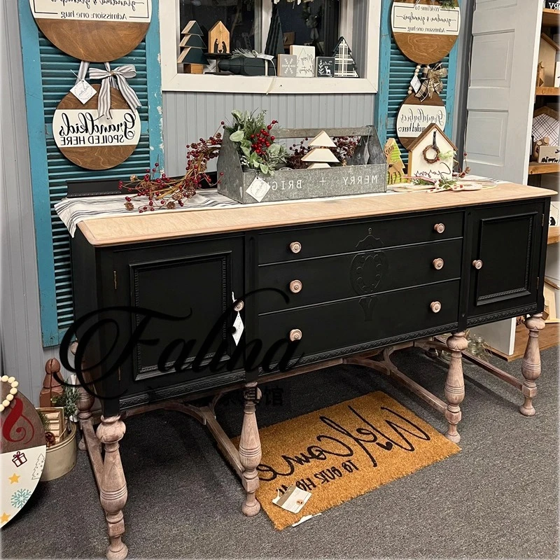 

French retro style carved porch cabinet facing the door, living room against the wall, black dining side cabinet