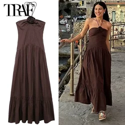 TRAF Womens Dresses Long Dresses Summer One-Piece Dress Midi Sleeveless Backless Halter Neck Flowers Dresses Party Dresses 2024