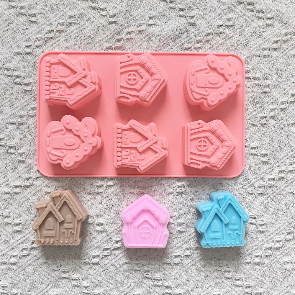 3D Weihnachten Lebkuchenhaus Silikon Backform, 6 Mulden bequeme Dorfhaus Schokoladenkuchenform
