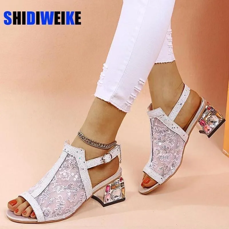 2024 Ladies Shoes Hot Sale Women\'s Sandals Modern Dress Sandals Women Buckle Strap Bling Mesh Square Heel Peep Toe Shoes Women