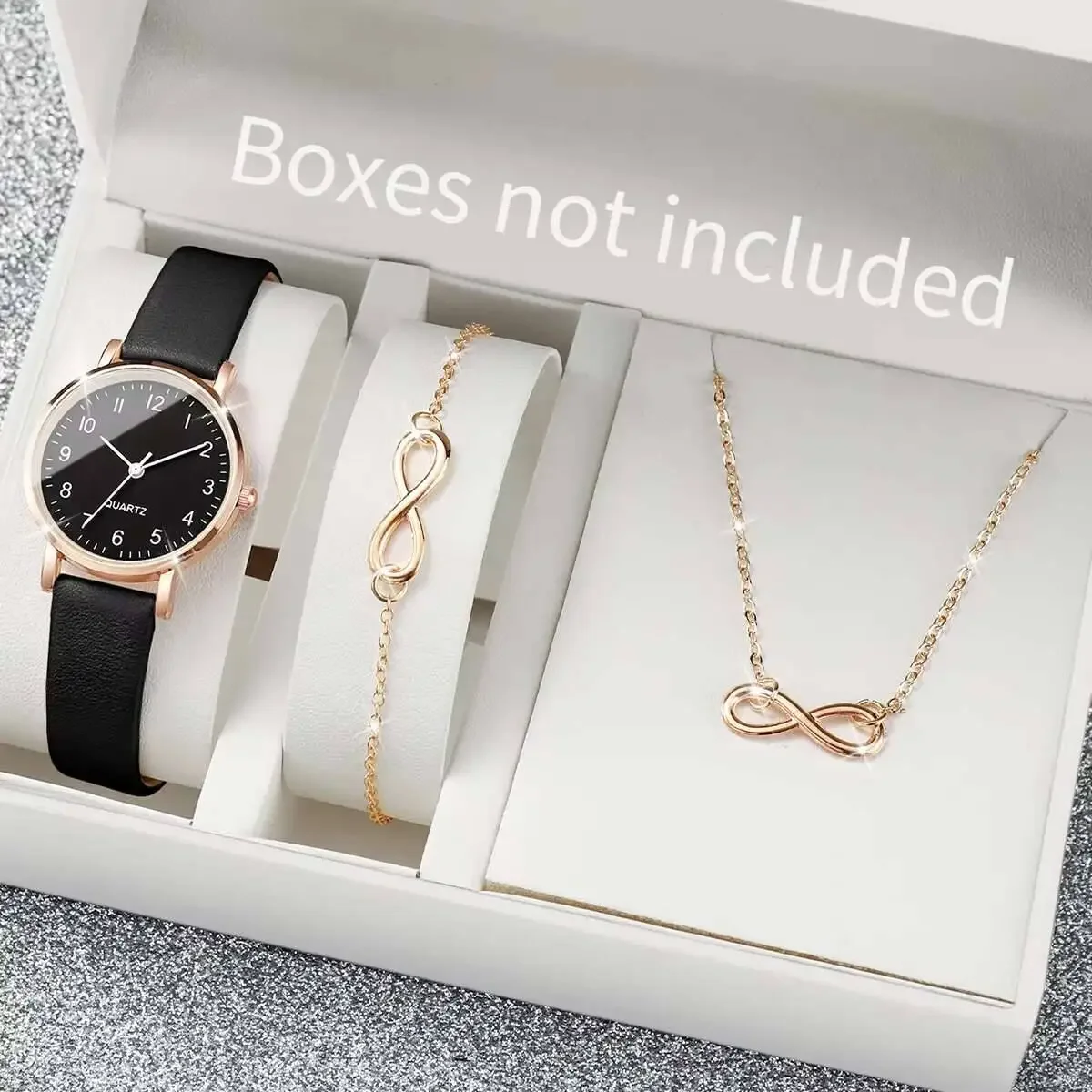 3PCS/Set Women's Watch Fashion Leather Strap Small Arabic Dial Quartz Watch Female Wristwatch Jewelry Set（Without Box）