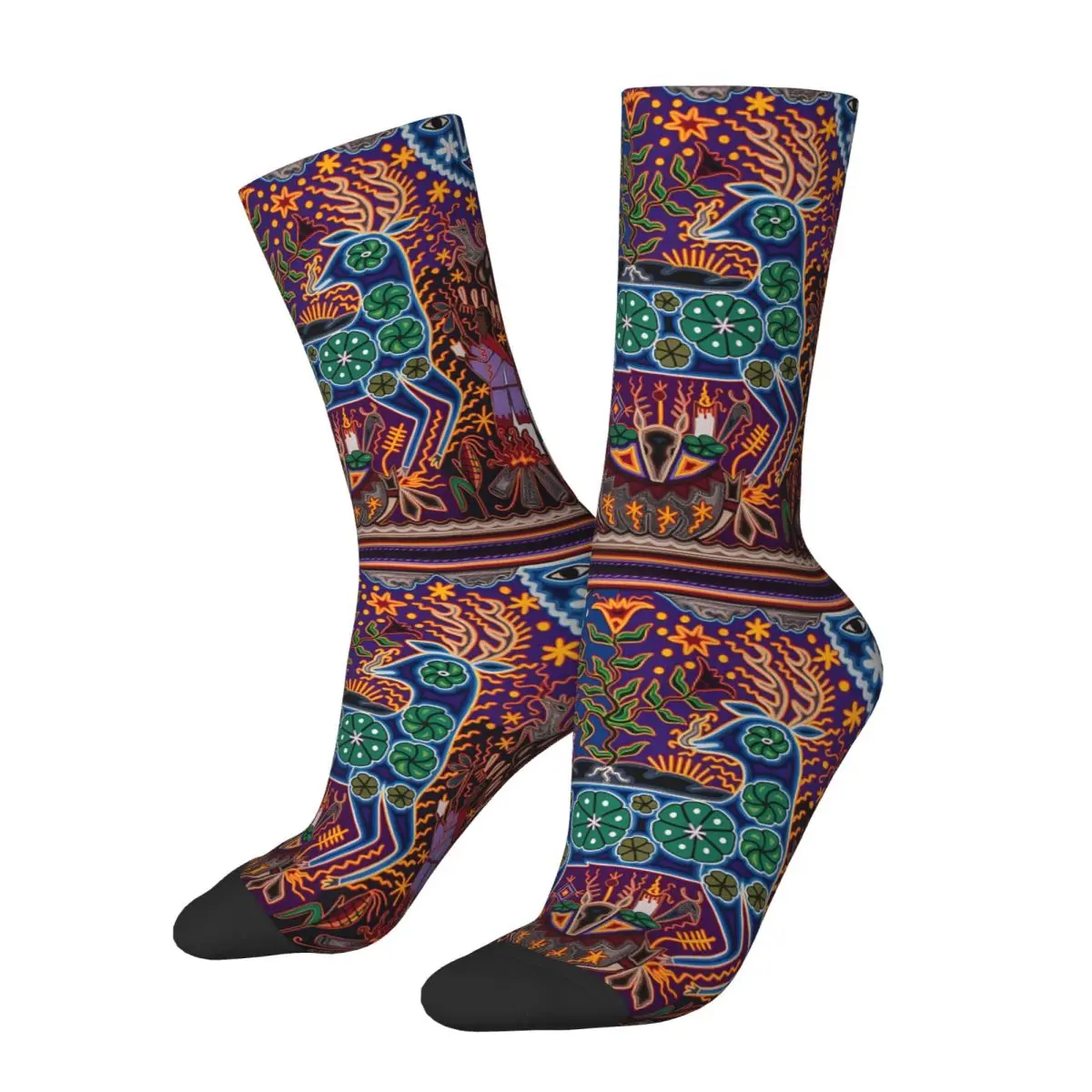 Funny Crazy Sock for Men Blue Deer Huichol Mexican Hip Hop Harajuku Huichol Art Happy Pattern Printed Boys Crew Sock Casual Gift