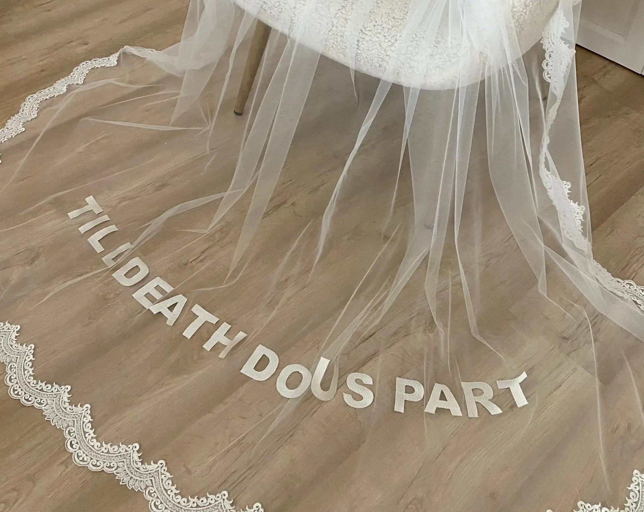 Custom wedding veil with lace edged Personalized Embroidered Words Blusher Cathedral Long Bridal Veil Till Death Do Us Part