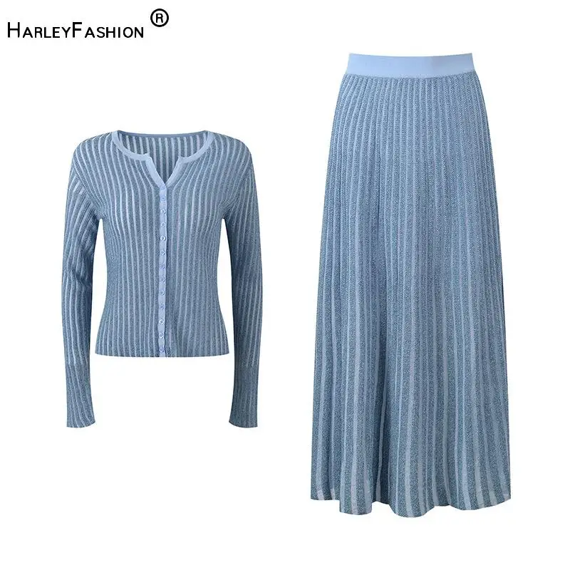 

2026 Summer Quality Lady Hollow Out V-neck Long Sleeve Single-breasted Cardigan Pleated Midi Skirt Solid Ribbed Knits 2pcs