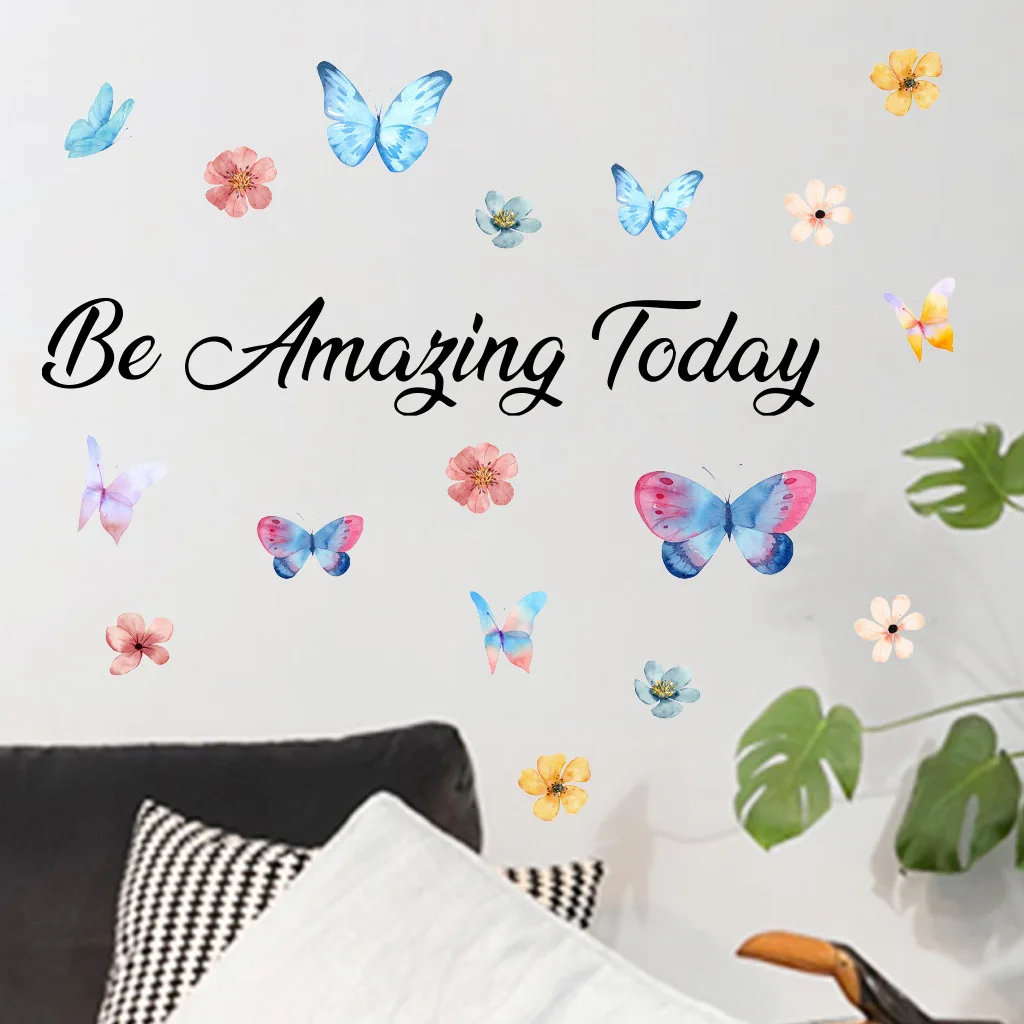 BE AMAZING DAY Font  Wall Decal - Beautiful Slogan Print Wall Stickers Home Decor Butterfly Flower  Accent for Any Room