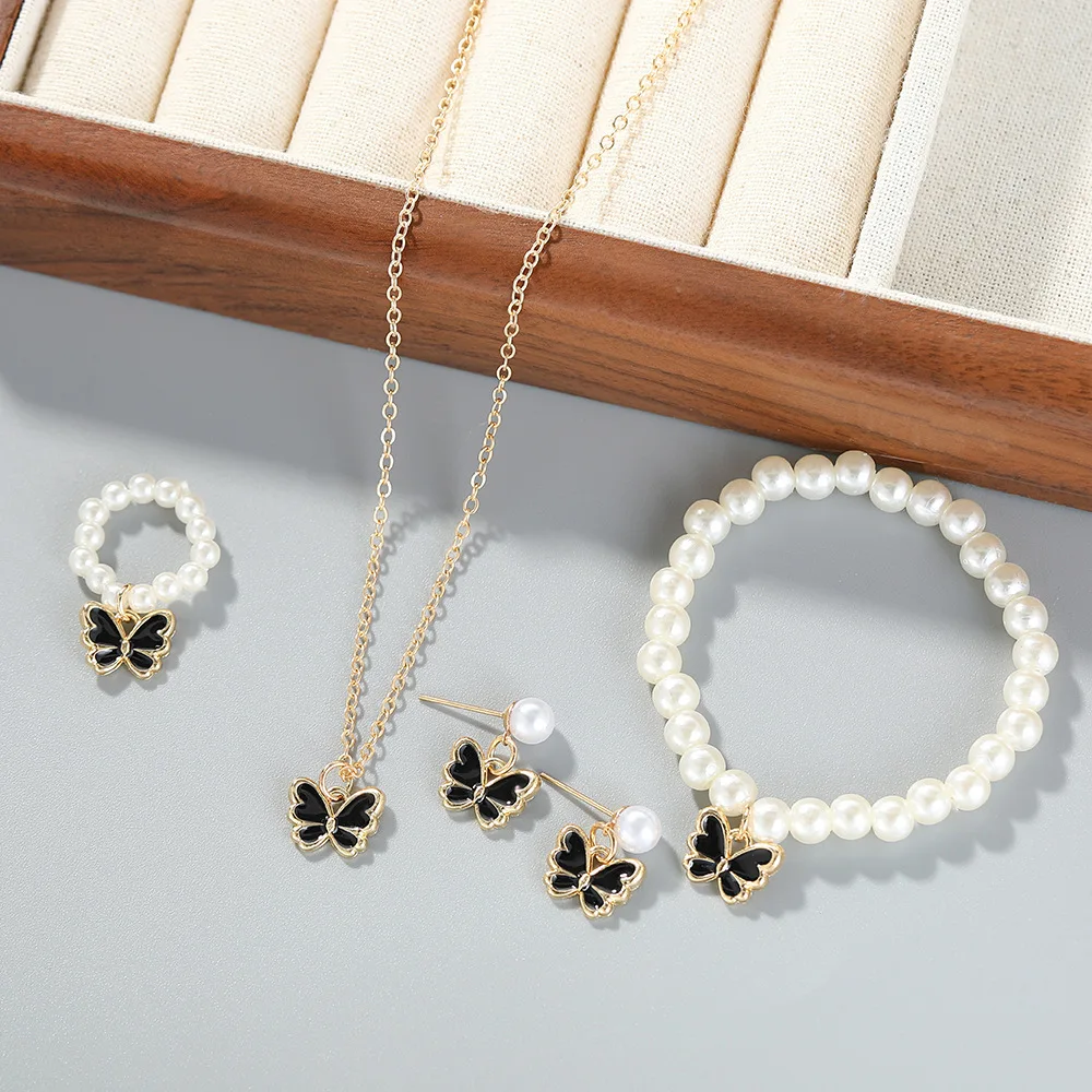 4 Set Butterfly Ring Pendant Necklace Bracelet Earrings Set for Women Girls Simulated Pearl Gold Jewelry Trendy Cute Sweet Gifts image 5