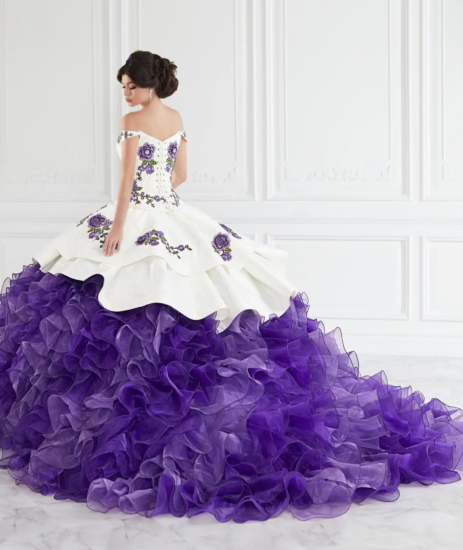 Purple Charro Quinceanera Dresses Ball Gown Off The Shoulder Ruffles Appliques Puffy Mexican Sweet 16 Dresses 15 Anos