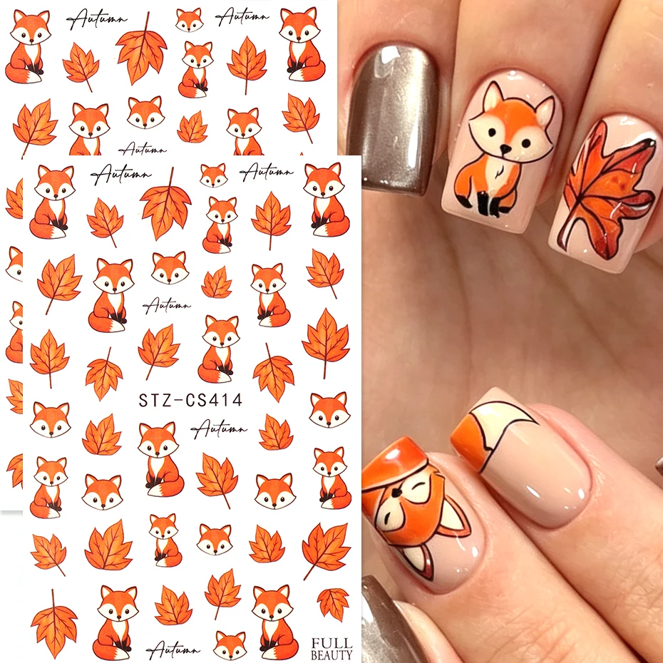 2pcs 3D Autumn Cute Fox Maple Leaf Nail Art Stickers Red Leaf Orange Fox Fall Thanksgiving  Sliders DIY Manicure Decoration Tips