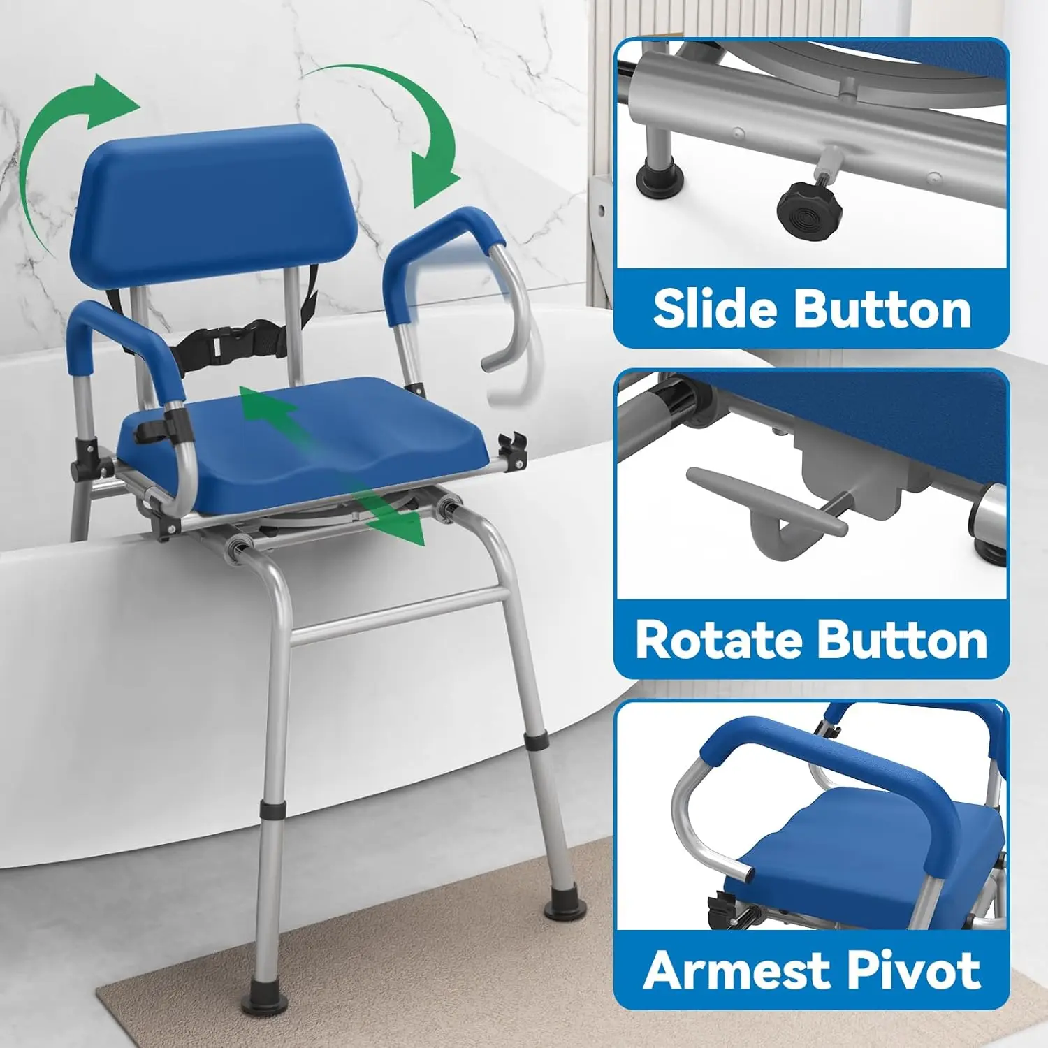 مقعد نقل حوض كرسي الاستحمام المنزلق FSA/HSA لحوض الاستحمام مع مقعد دوار، مقعد دش مبطن بأذرع محورية، H #3