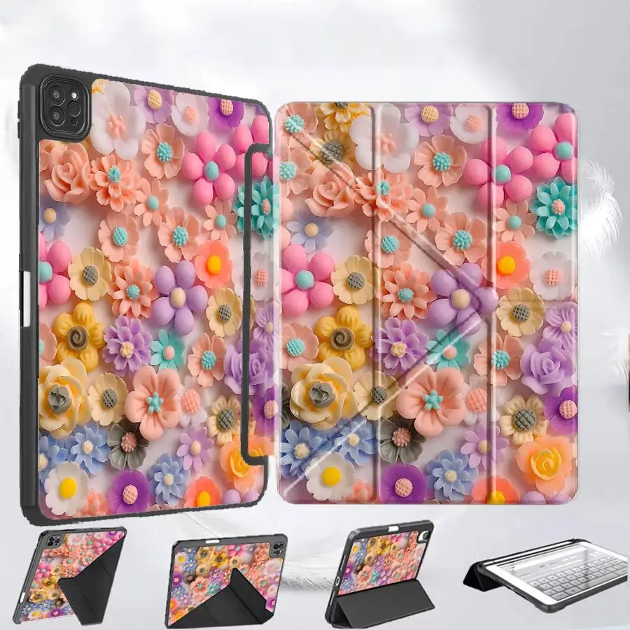 

Чехол-подставка для планшетов iPad Pro 11-го, 10-го, 9-го, 8-го, 7-го поколений, 12.9 дюймов, Mini 6, 7, Air 4, 5, M3, M2, M4, 11 дюймов Pro 2025 с мультяшным цветочным принтом