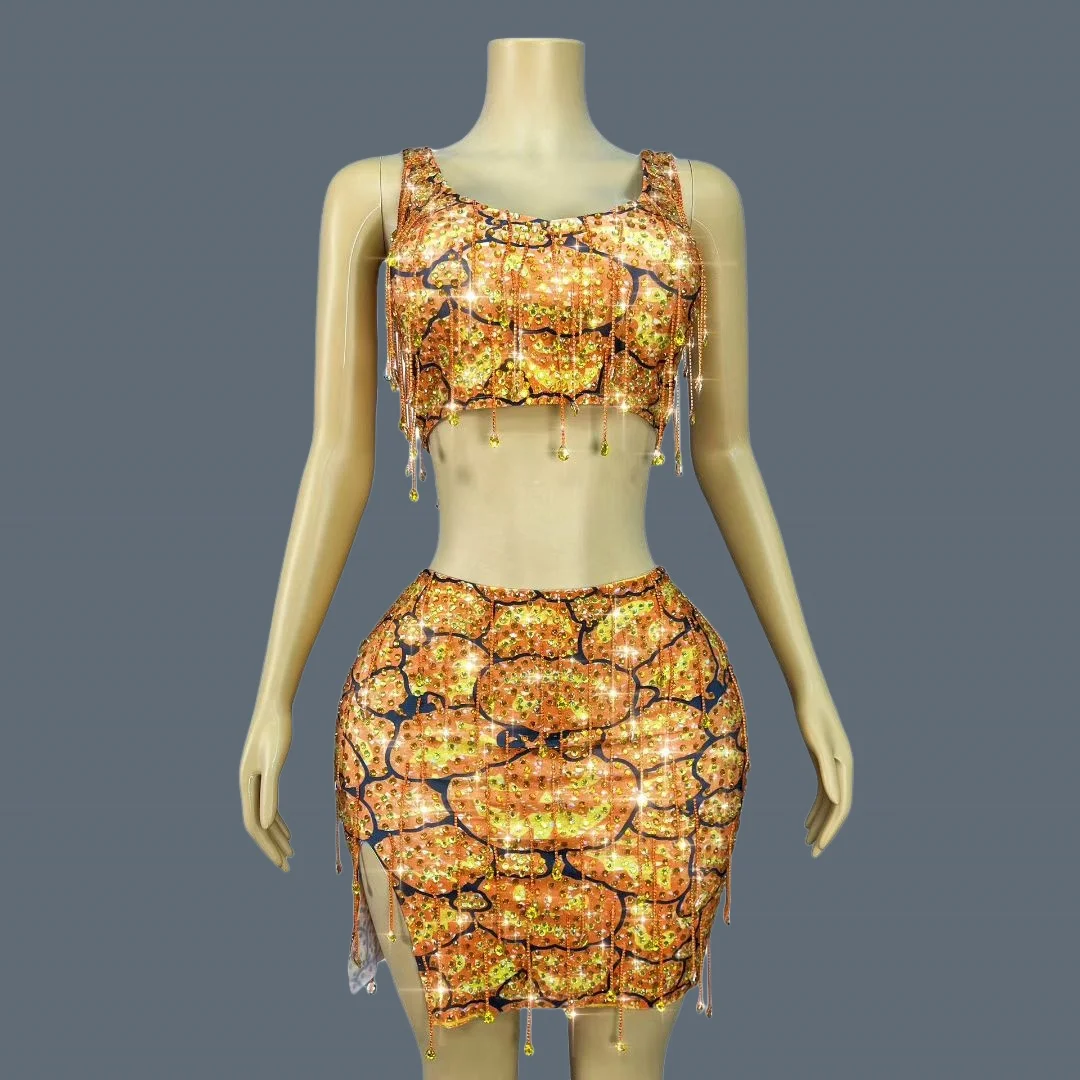 

Halloween Pumpkin Orange Dress Trendy Crop Tops Mini Skirt 2Pieces Set Festival Party Night Out Crystals Tassel Outfit Nanguato