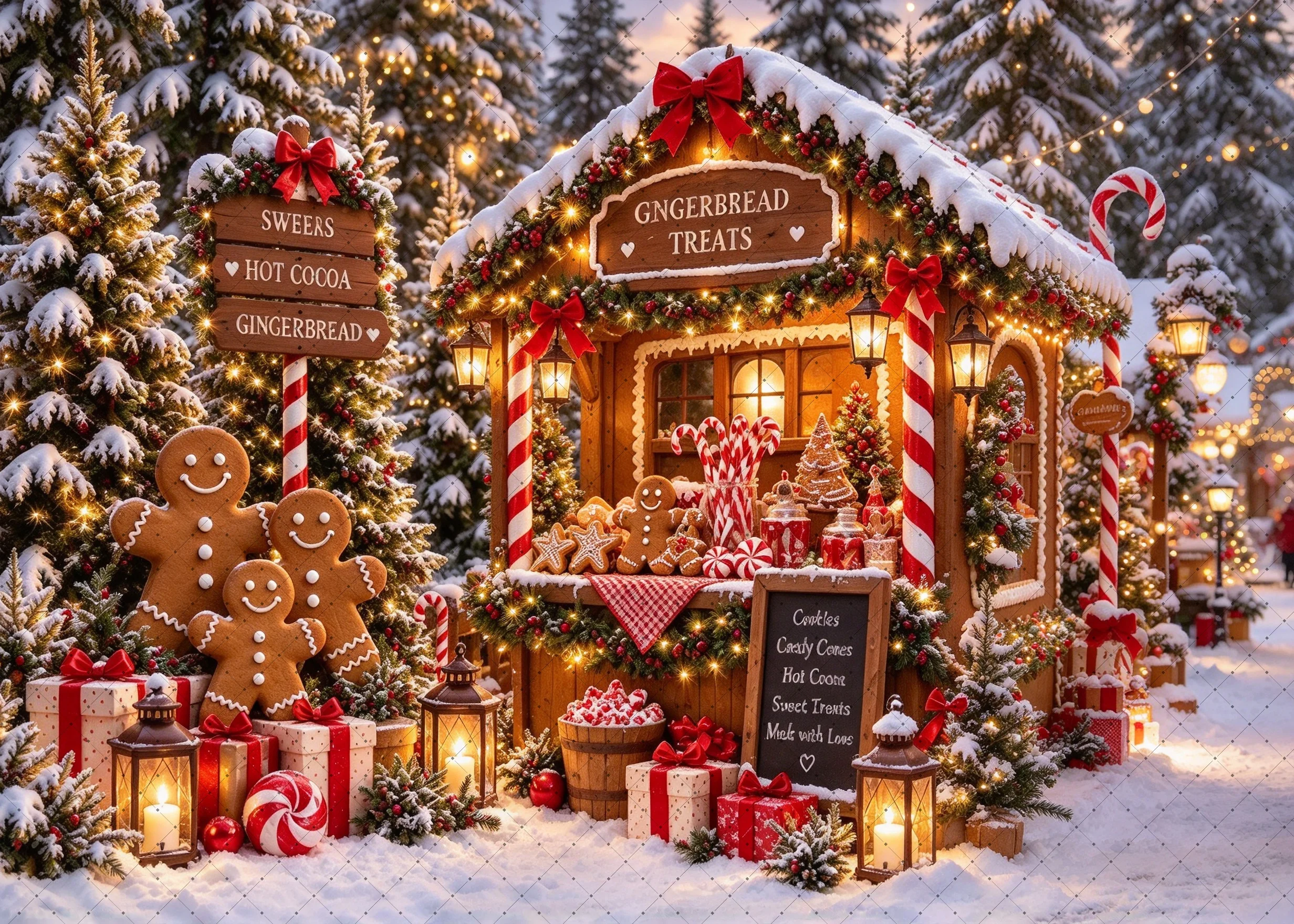 Christmas Photo Backdrop Gingerbread Hut Candy Cane Garland Pine Tree Snow Gift Scene Family Holiday Studio Photography Shoot