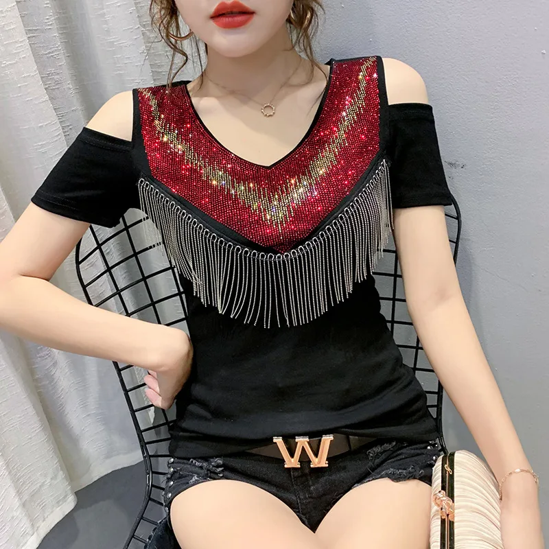 Black T-shirt Summer New Shiny Diamond Tassel Women Y2k Clothes Tops Short Sleeve Off-shoulder Skinny Elastic Tees Chic Shirts