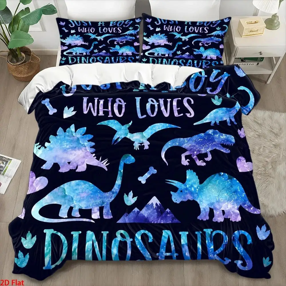 3Pc Dinosaur Print Quilt Cover Set, Three-Piece Bedding Set (1*Quilt Cover + 2*Pillowcases), Starry Sky Watercolor Dinosaur Pattern, Soft, Comfortable, Skin-Friendly, Breathable, Quilted Duvet Cover with Invisible Zipper, Easy to Clean, Durable, Wrinkle-Resistant, Suitable for All Seasons, Double Bedding Set, Modern Minimalist Light Luxury Style, Suitable for Home, Dormitory, Master Bedroom, Guest Room, Student Dormitory, Nordic Style Bedding Set, 2D Flat Print