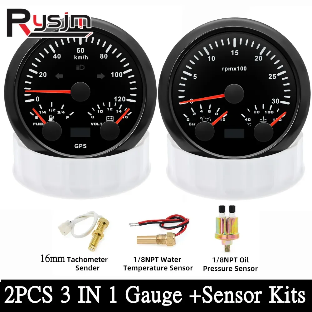 

HD 2 Gauge Set 85mm GPS Speedometer 0-120 Km/H Fuel Volt Tacho Water Temp Oil Press With Temperature Pressure RPM Sensor 9-32V