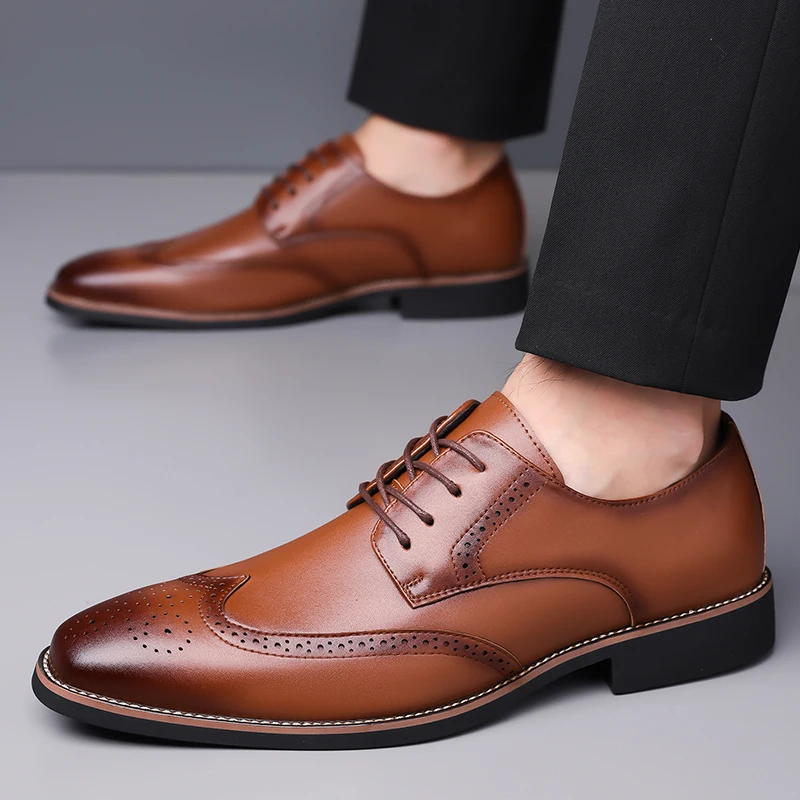 

Soft Leather Pointed Shoes Lace Up Summer Men's Dress Shoes derby Black Breathable Business Leisure Shoes Big Size 48