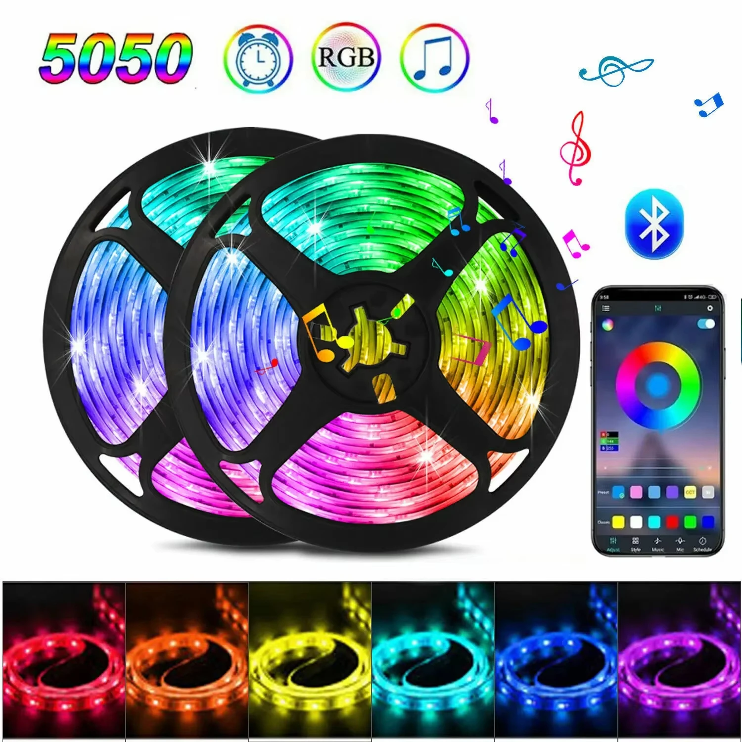 Tira de luces LED inteligente RGB 5050, Control Bluetooth, sincronización de música, USB, 5V, cinta de lámpara Led Flexible para decoración de fiesta en habitación, retroiluminación de TV