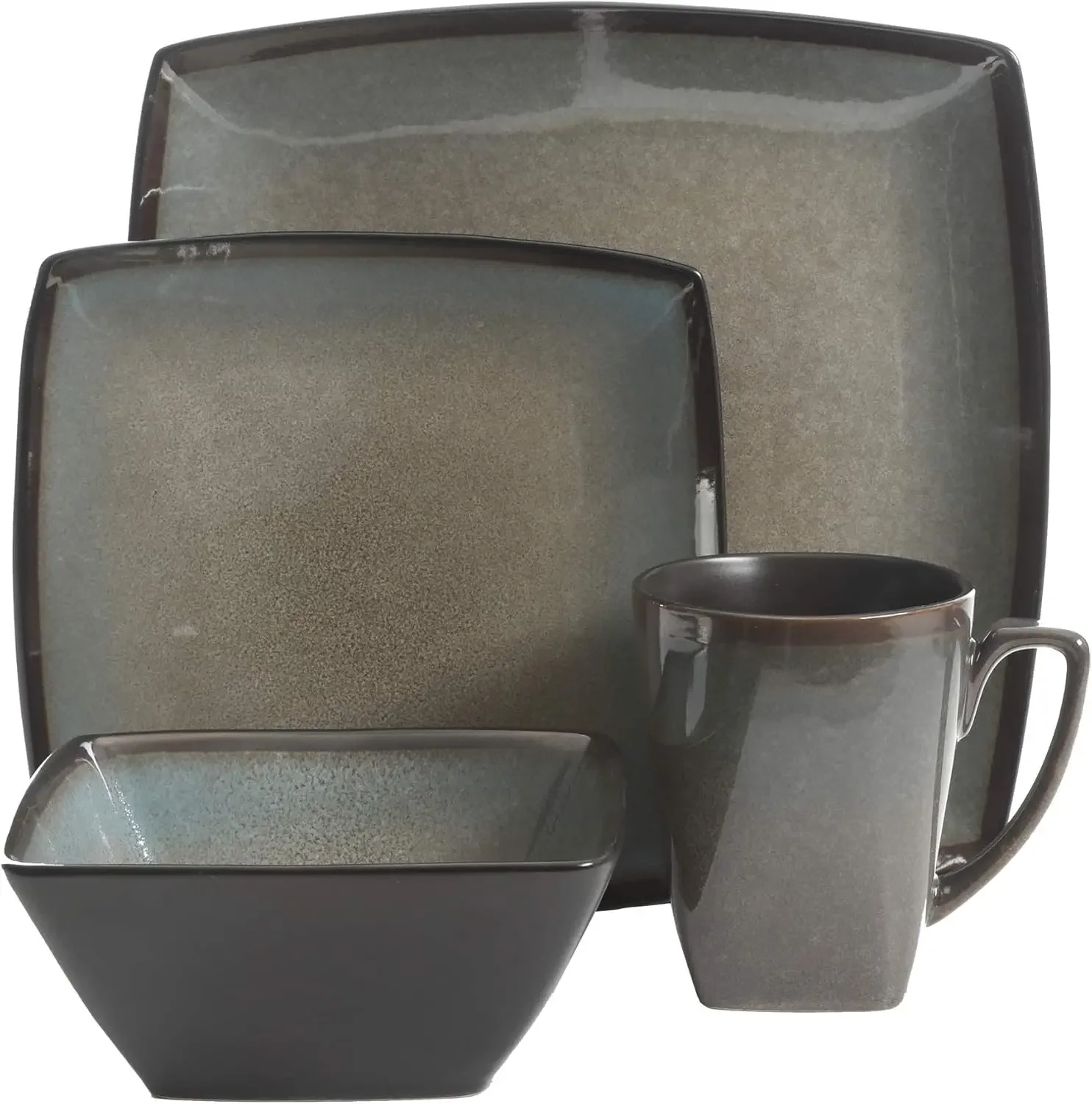 Square Reactive Glaze Stoneware Dinnerware Set, Service for 4 (16pcs), Taupe,Dishwasher Safe