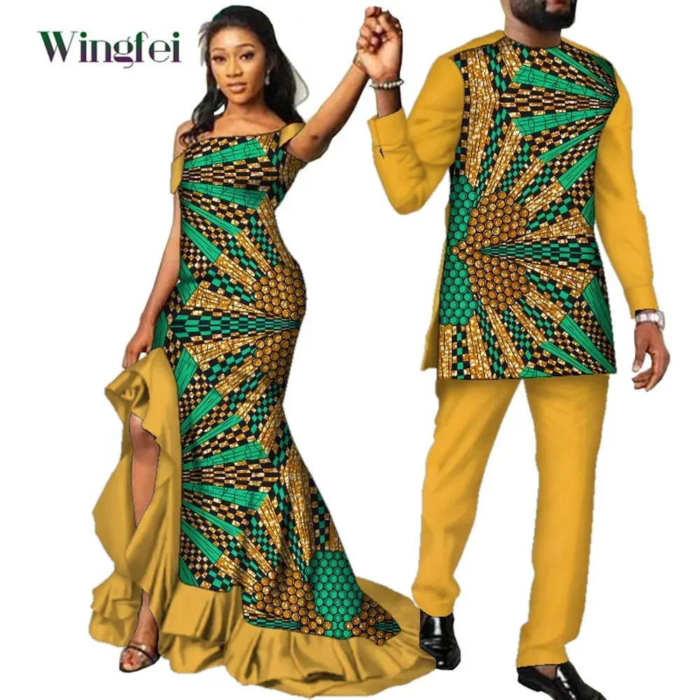 Fashion Couple Clothes African Ankara Print Women Maxi Long Dresses and Men Dashiki Suit African Clothes Lovers Outfit WYQ567