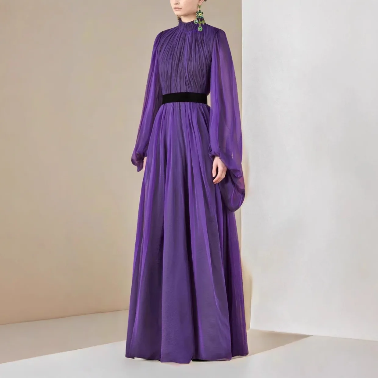 Purple Chiffion Elegant Women Dress Stand Neck Lantern Sleeve Vintage Clothing Lady Streetwear Party Maxi Vestidos Bodycon