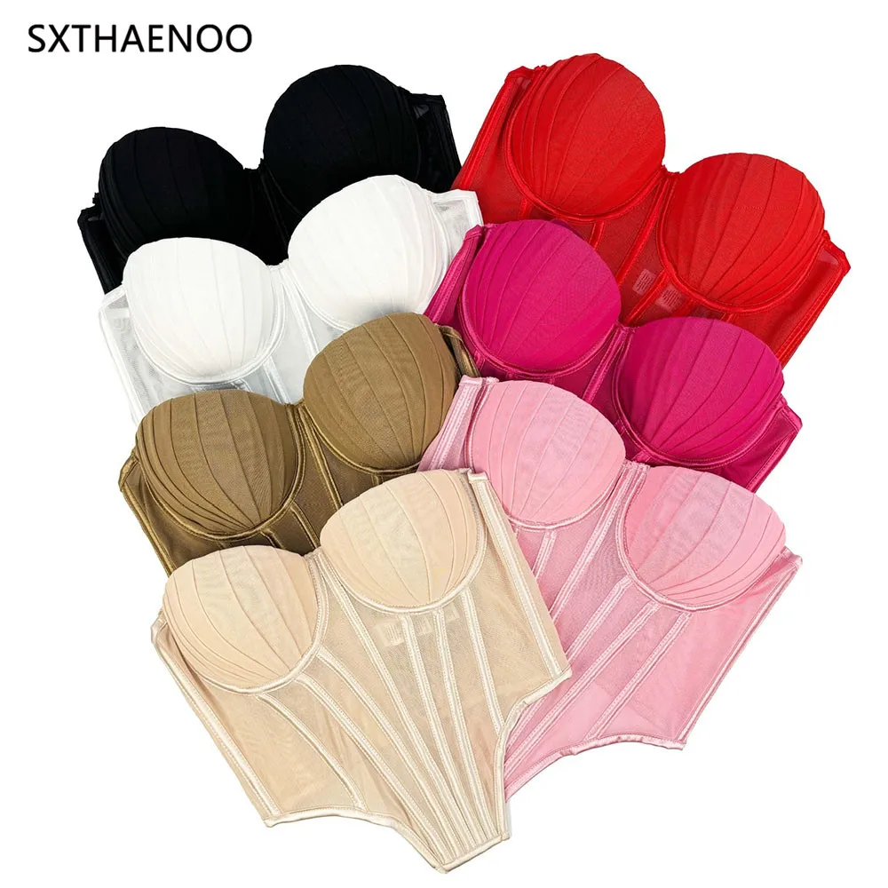 

SXTHAENOO Fashion Solid Mesh See Through Shell Corset Lingerie Top Ladies Strap Sheer Slim Camisole Retro Backless Sexy Tank