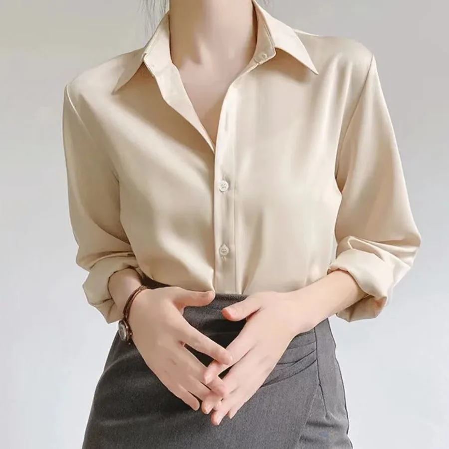 Camicie in raso da donna semplici primavera sottile nuovo tinta unita manica lunga senso avanzato top ufficio elegante abbigliamento da lavoro da donna moda