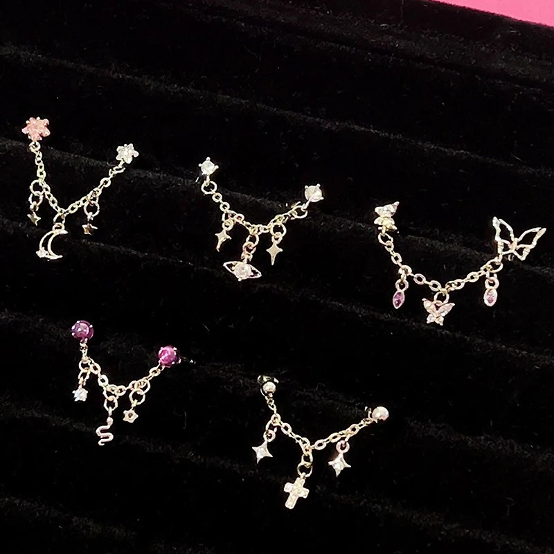 

Fashionable Titanium Steel Butterfly Cross Planet Moon Double Ear Hole Cochlear Chain Flat Bottom Earrings Piercing Jewelry