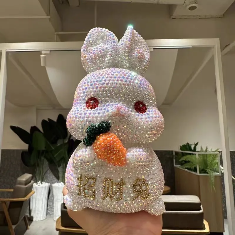 Rhinestone Cute White Rabbit Statue DIY Handmade Animal Coin deposit Jar Mosaic Piggy Bank Cross Stitch Decorative Kits Gift