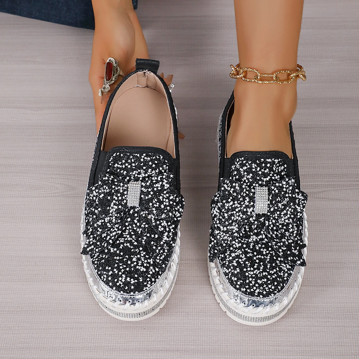 Luxury Designer Shoes Ladies Flat Sequined Sneakers Casual Women\'s Mesh Lace-up Fine Diamond Sequins Platform Vulcanized Shoes