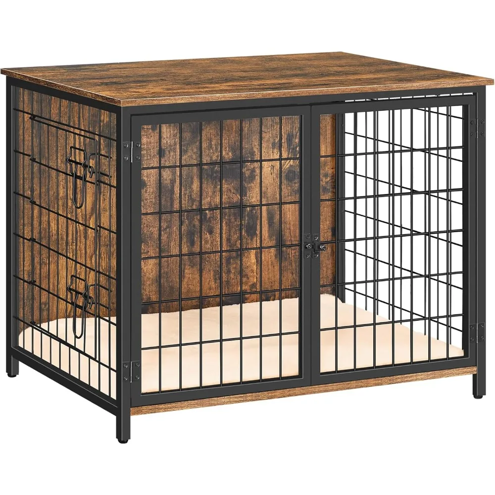 

Dog Crate Furniture with Cushion, Wooden Dog Kennel with Double Doors, Heavy Duty Dog Cage for Small/Medium/Large Dogs, Indoor D