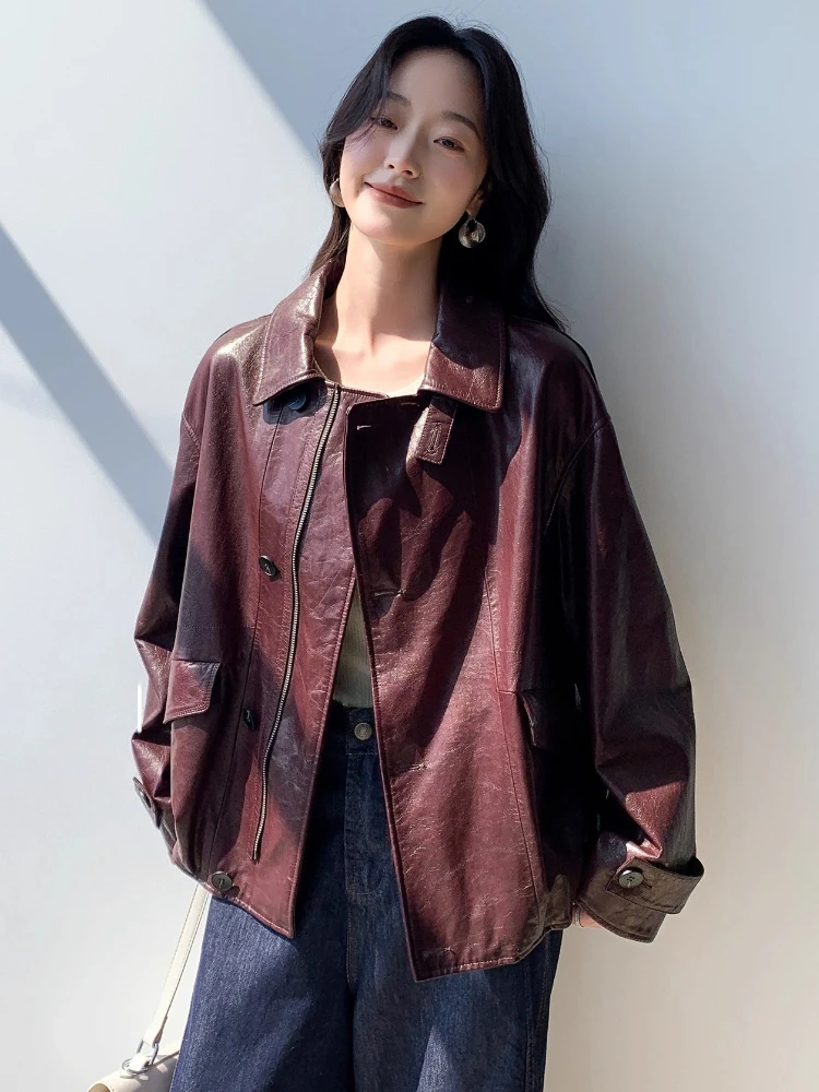 Lässige kurze Echtlederjacken für Damen, Frühling und Herbst 2022, neuer High-End-einfacher, lockerer, weicher Mantel aus echtem Ziegenleder
