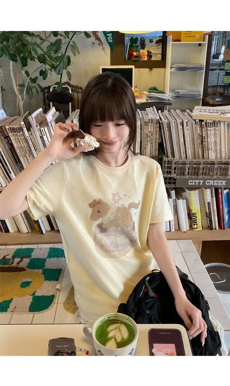 

Gagarich Fashion Korean Cream Pony Print Summer Short Sleeve Slimming 2026 Defying New Fashion Loose Versatile Shirts Top