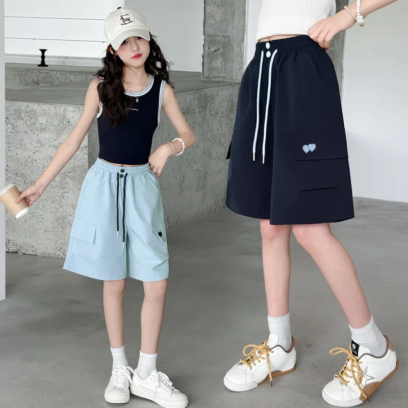 New Casual Kids Shorts with Side Pocket Heart Embroidery for Tween Girls Summer Bottoms Clothes Fashion Child Cargo Shorts
