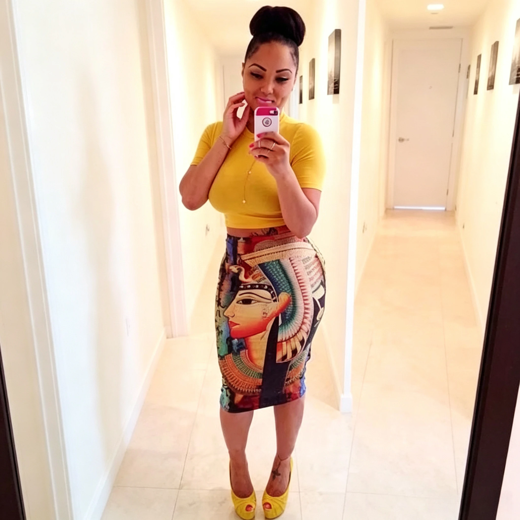 New Women 2 Piece Outfit Solid Yellow Short Sleeve Crop Top and Egyptian Queen Print Bodycon Midi Skirt Set Summer Matching Suit