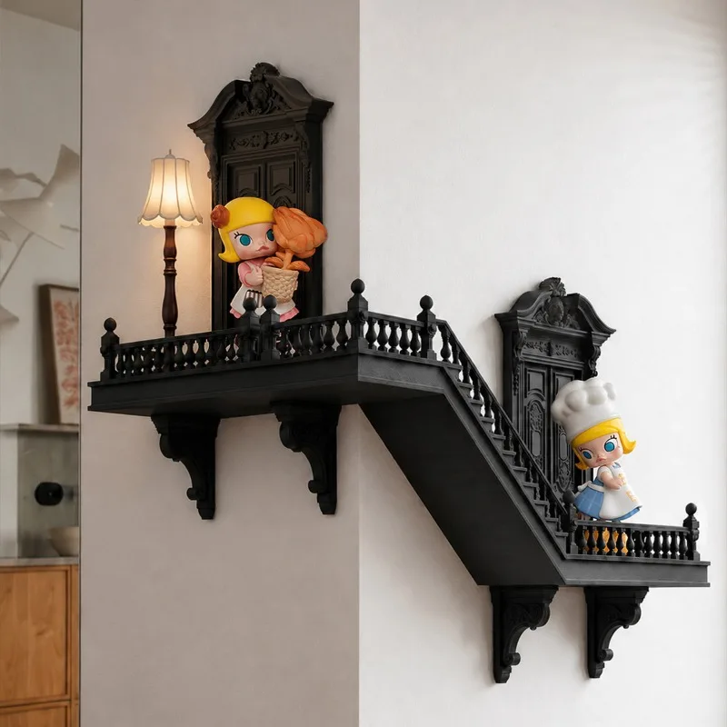 2026 New Vintage Miniature Wall Corner Staircase Display Rack with Lamp Dollhouse Decor  BJD OB11 Blind Box Doll Figure Showcase