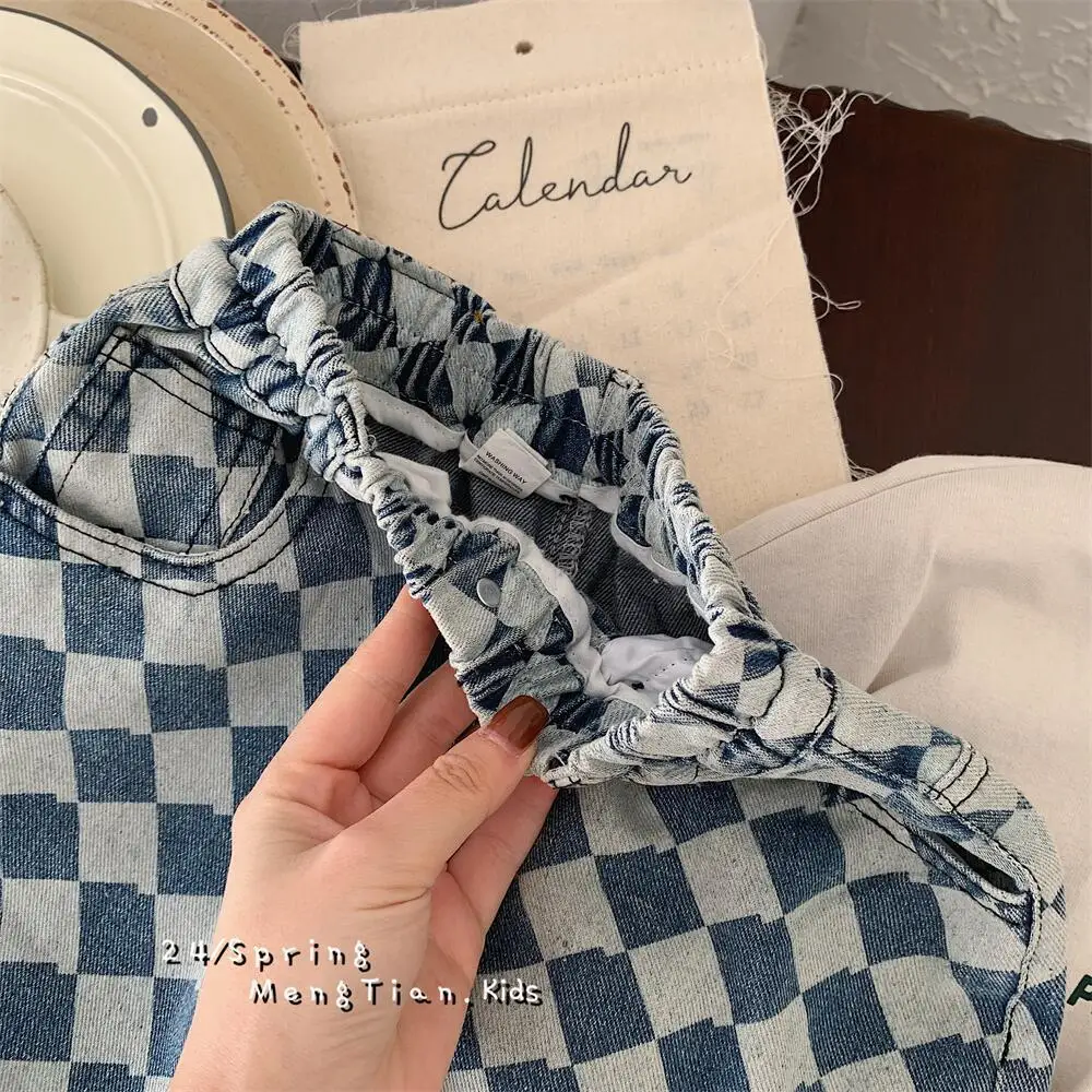 VERHOGEN 2026 Lente Kinderen Jongens Denim Broek Argyle Plaid Baby Jongens Rechte Broek Losse Leisure Veelzijdige Babys Jongen Jeans Broek