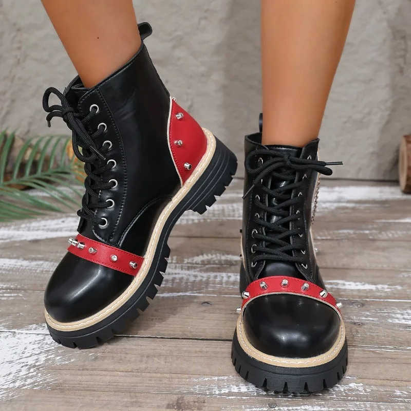 

Block Heel Booties Fashion Round Toe Lace-up Rivet Platform Anti-Slip Wear-Resistant Women's Shoes