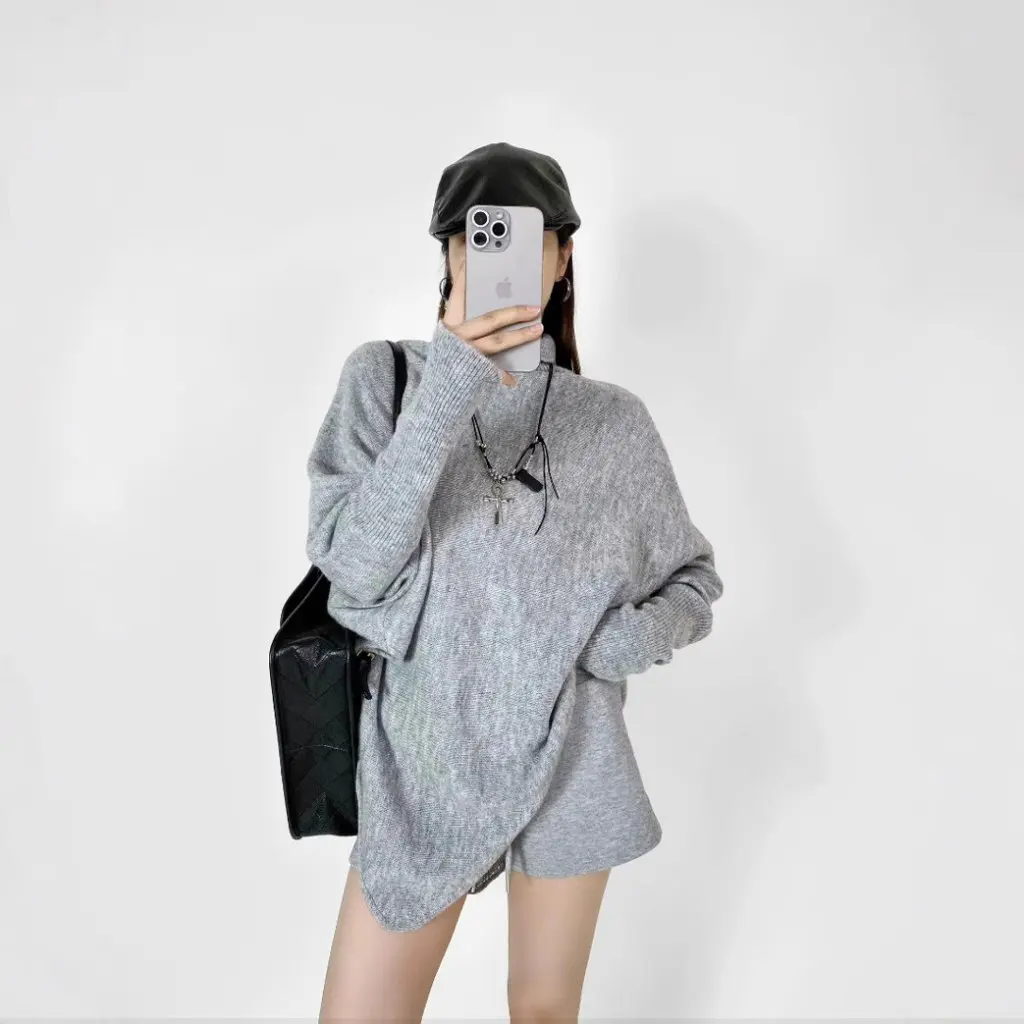 

Women's Turtleneck Knitted Sweater Autumn Winter Irregular Design Soft Waxy Lazy Style Solid Color Top