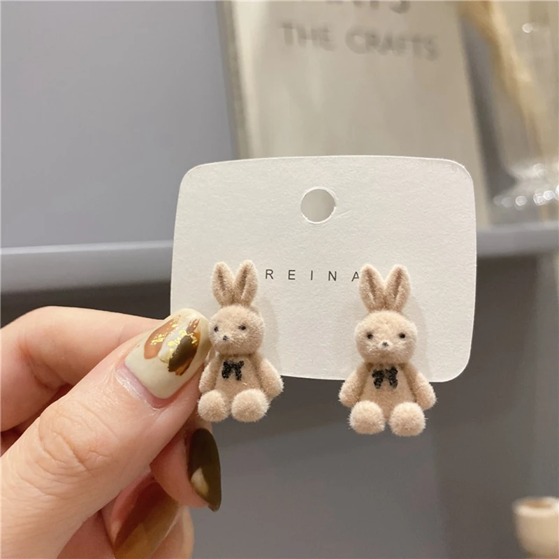 Cute Flocking Plush Rabbit Bear Stud Earrings Kawaii Brown Khaki Animal Earrings For Women Girls Korean Earring Jewelry