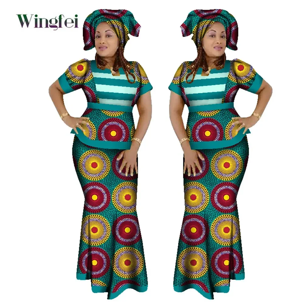 

African Women Clothes 3 Piece Set Dashiki Print Stripe Crop Top and Skirt Set with Head Scarf African Kanga Clothing WY1210