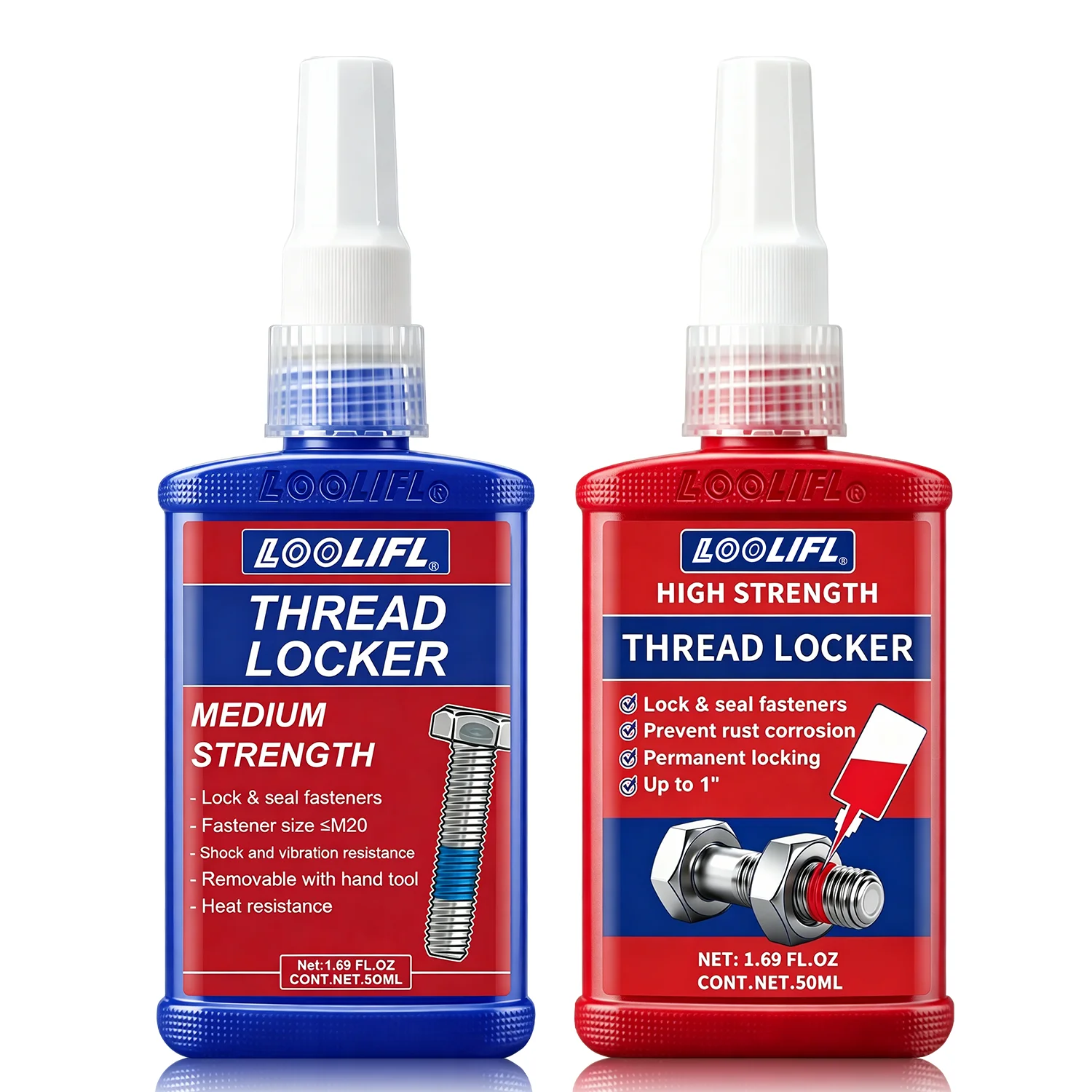 Loolifl Thread Locking Agent, Medium to High Strength Thread Locking Agent in Blue and Red, Thread Locking Agent for Nuts, Bolts, and Metal Fasteners, Locks in to Prevent Loosening, Seals and Prevents Corrosion, Long-Term Stability