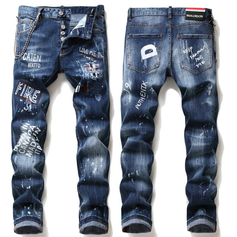 

Men's jeans 1065 Autumn/winter new ragged-paint men's slim ripped multi-badge stretch jeans skinny beggar pants