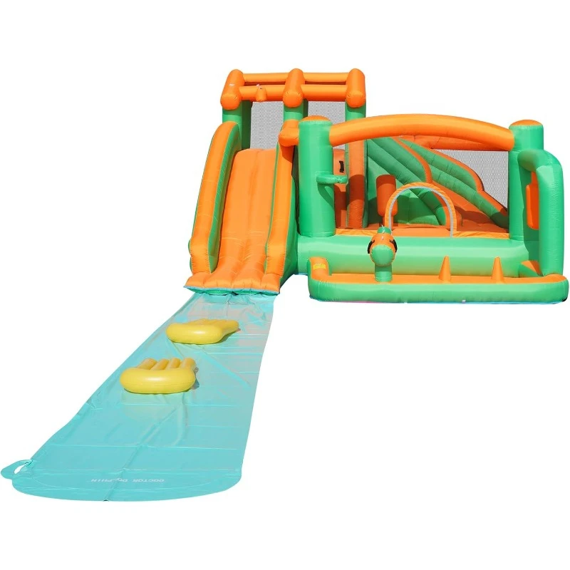 Bounce House Inflatable Waterslide Bouncy Catle Dual Slides Water Park with Slip and Slide Water Gun Ball Pit for Wet and Dry