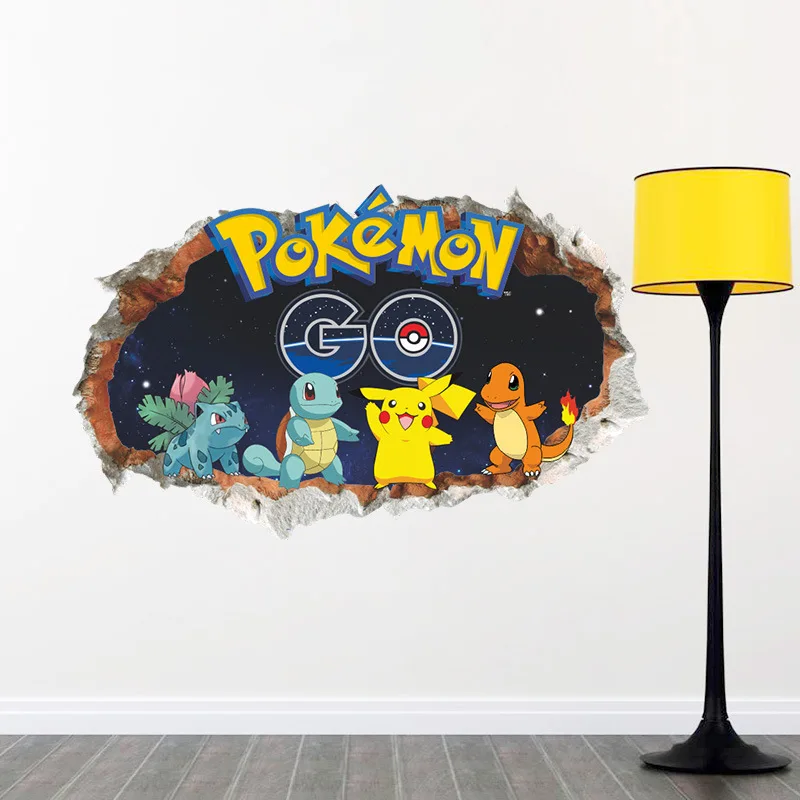 Autocollants muraux Pokemon Pikachu pour enfants, papier peint décoratif, autocollant Salamèche mignon, animation japonaise, cadeaux jouets, 3D cassé