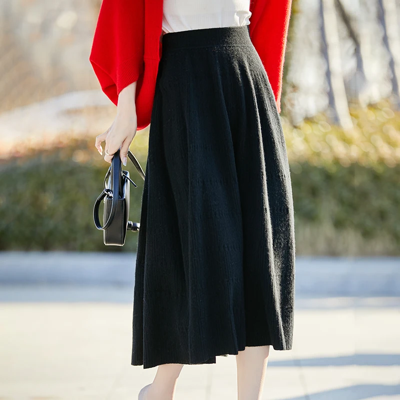 Korean Fashion Ladies Wool Half Skirt High Waist Bodycon Knee Length Knitted Mid Thickened New Style For Spring Autumn Winter