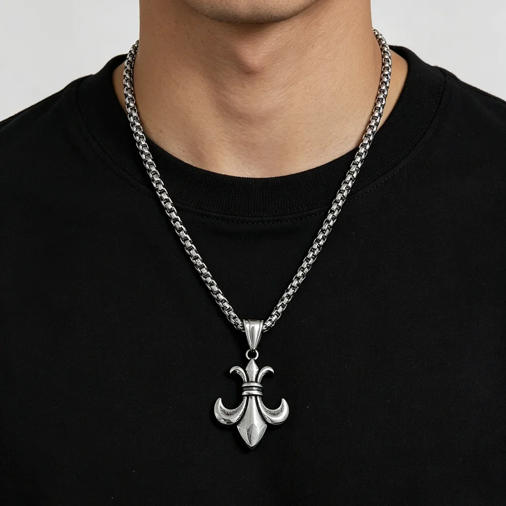 Men's 316L Stainless Steel Fleur‑de‑Lis Pendant Necklace Vintage Punk Hip‑Hop Wheat Chain Biker Jewelry Gift for Guys