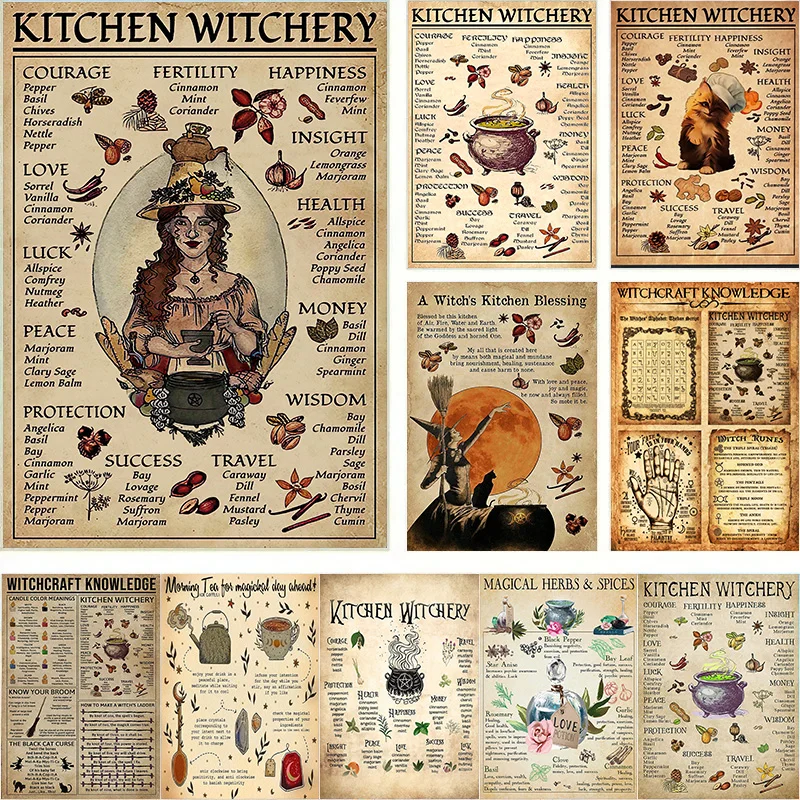 Witchery Vintage Witch Halloween Magic Posters Aesthetic Cat Girl Canvas Painting Wall Art Kitchen Decoration Kawaii Room Dec