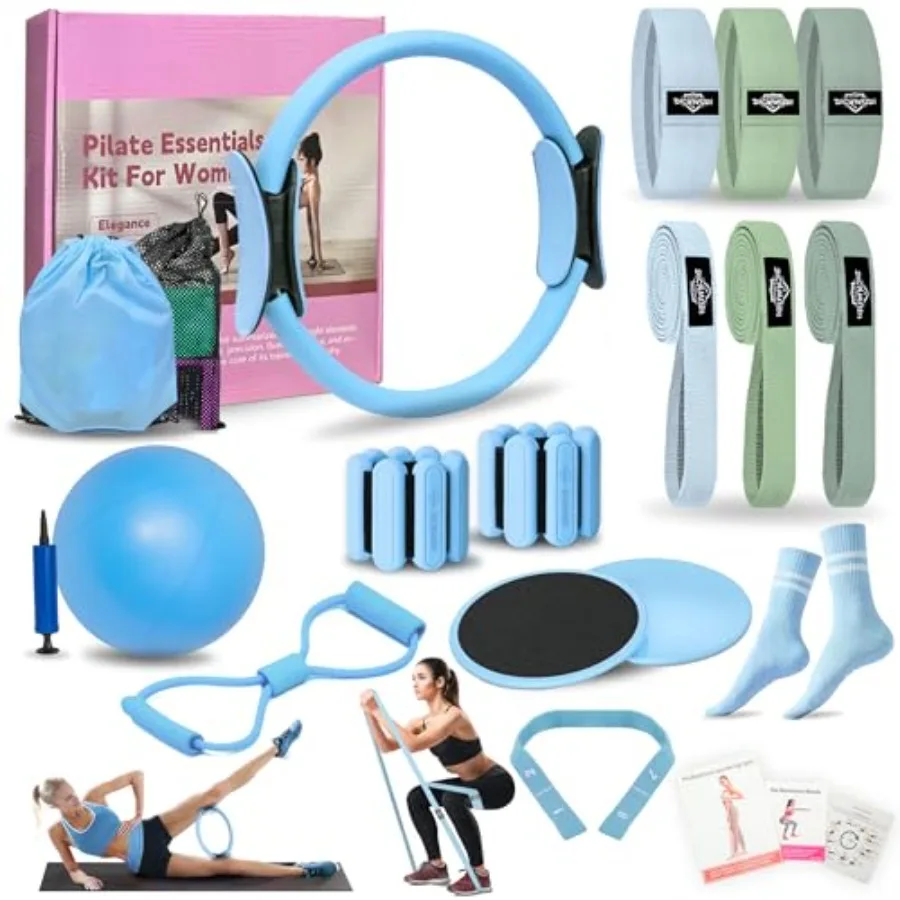 

Pilates Essentials Kit for Home Women 6 Fabric Resistance Bands 12 Inch Magic Circle Yoga Ring Mini Exercise Ball Black Great E