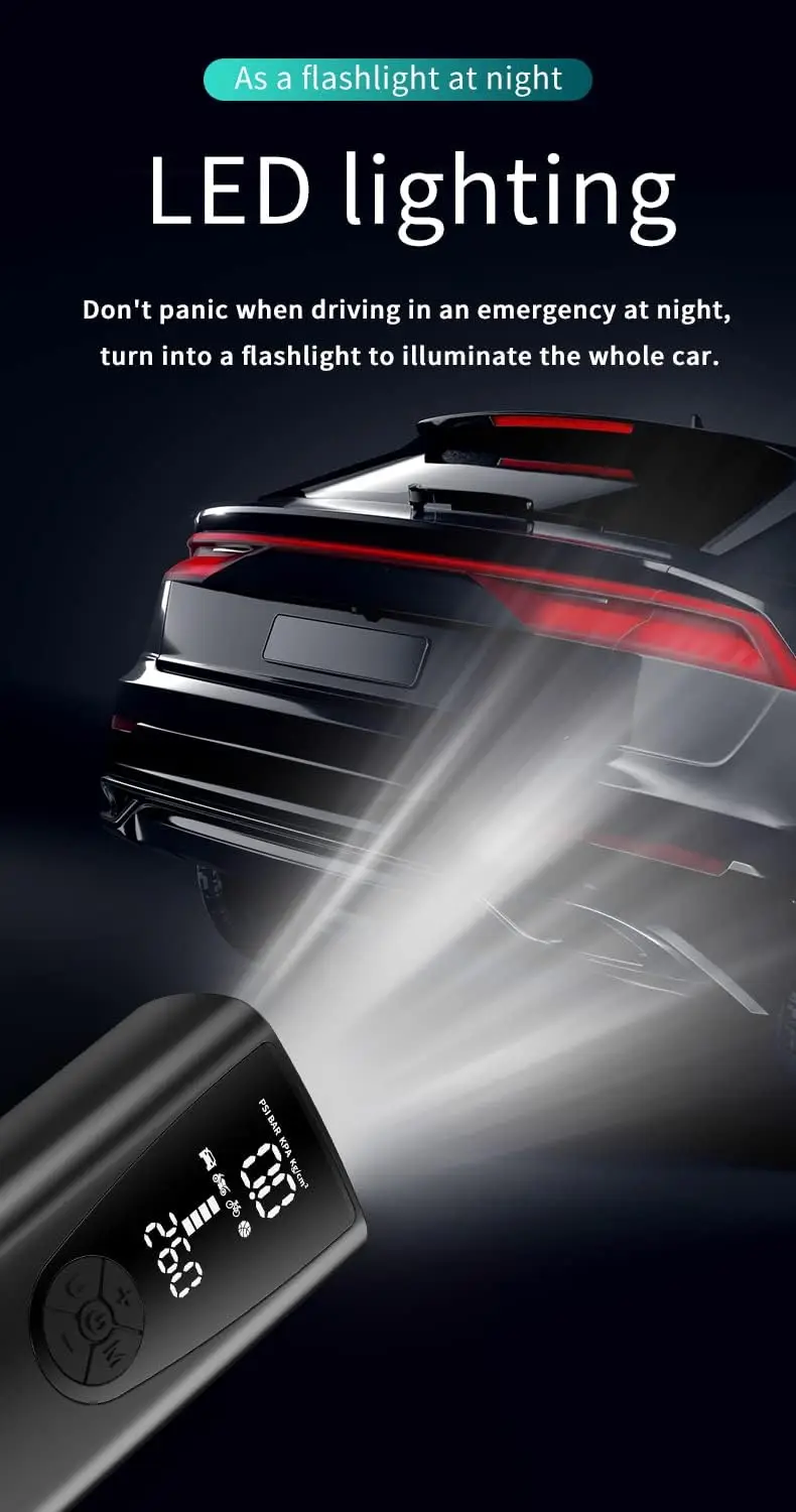 منفاخ إطارات محمول مع مقياس رقمي وإضاءة LED - ضاغط هواء 120 رطل لكل بوصة مربعة للسيارة والدراجات النارية والدراجة الإلكترونية والدراجات