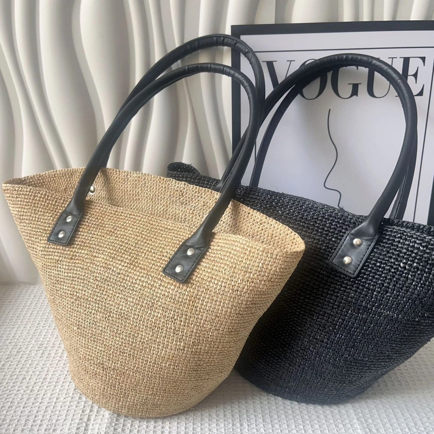 Ultra-Fine Crochet Raffia Boater Hat & Woven Tote Bag Set with Silk-Linen Trim Flat Crown Wide Brim Beach Vacation Hat Set